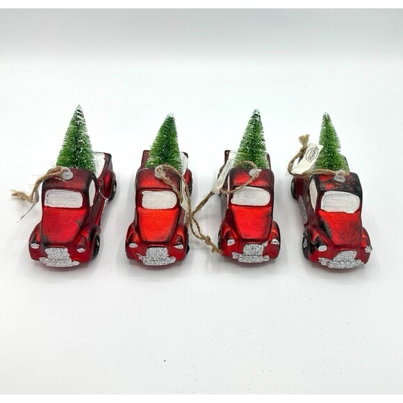 Red Truck with Christmas Tree Ornament set of 4 - Picture 1 of 4